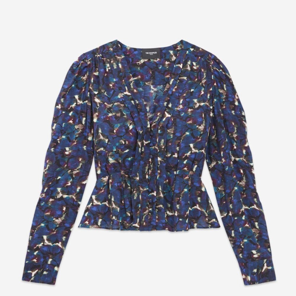THE KOOPLES - BLUE TOP W/ PLEATING AND FLORAL MOTIF
